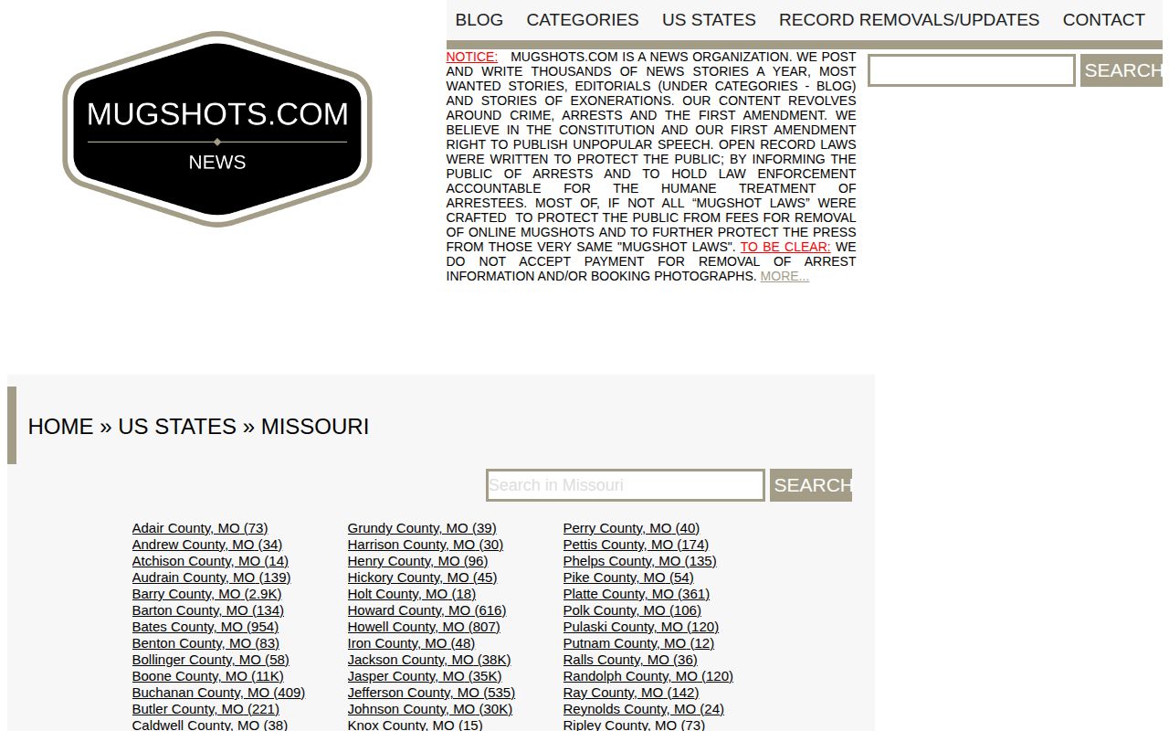 Dent County booking-record source capture of the unofficial Mugshots.com Missouri index