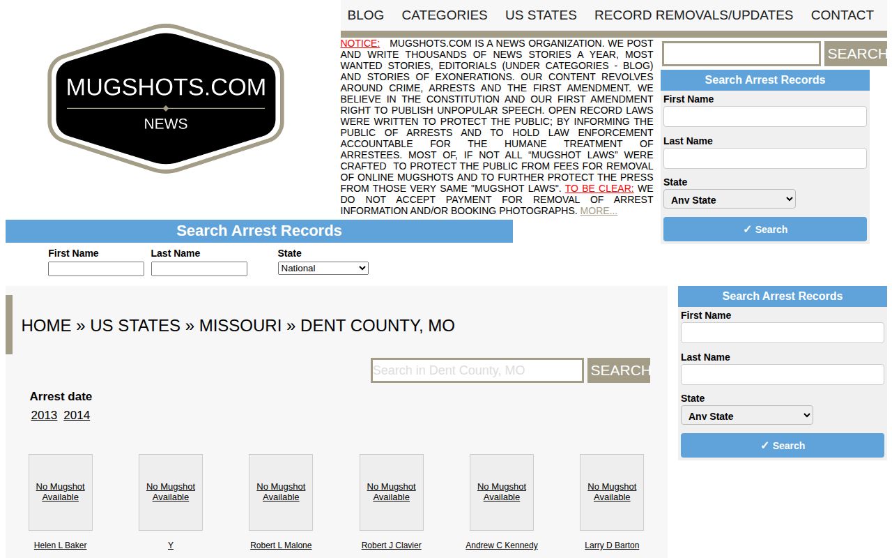 Dent County mugshot record source capture of the unofficial Mugshots.com county path