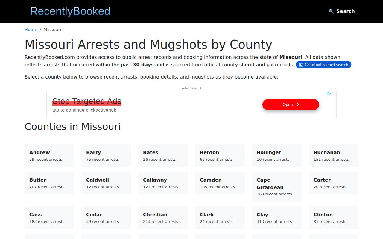 Dent County booking-record source capture of the RecentlyBooked Missouri index