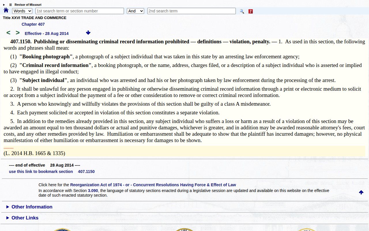 Dent County booking record law screenshot of Missouri Revised Statutes section 407.1150