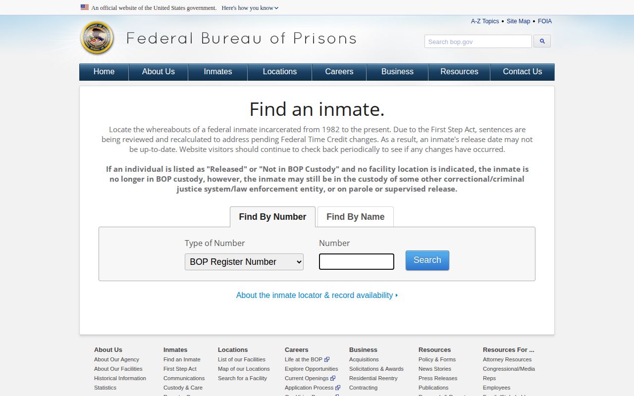Dent County federal custody record screenshot of the BOP inmate locator