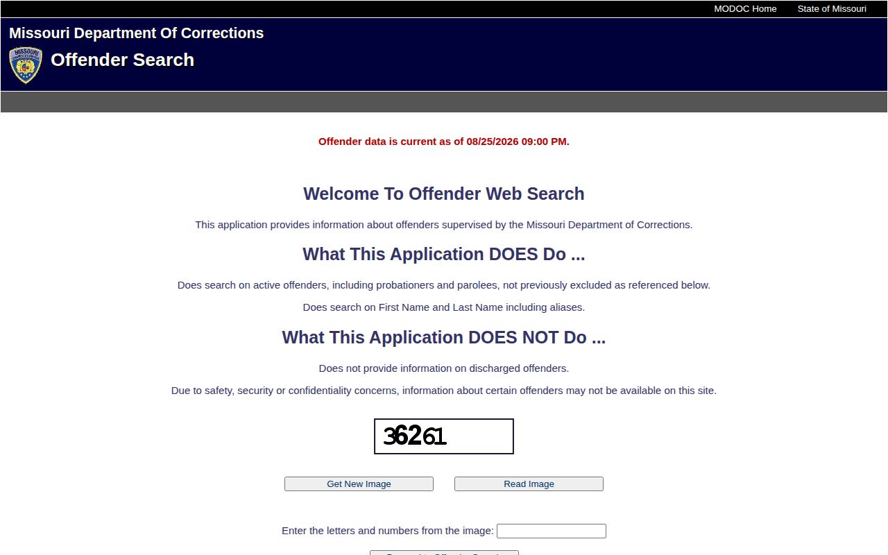 Dent County custody record path screenshot of the MODOC offender search